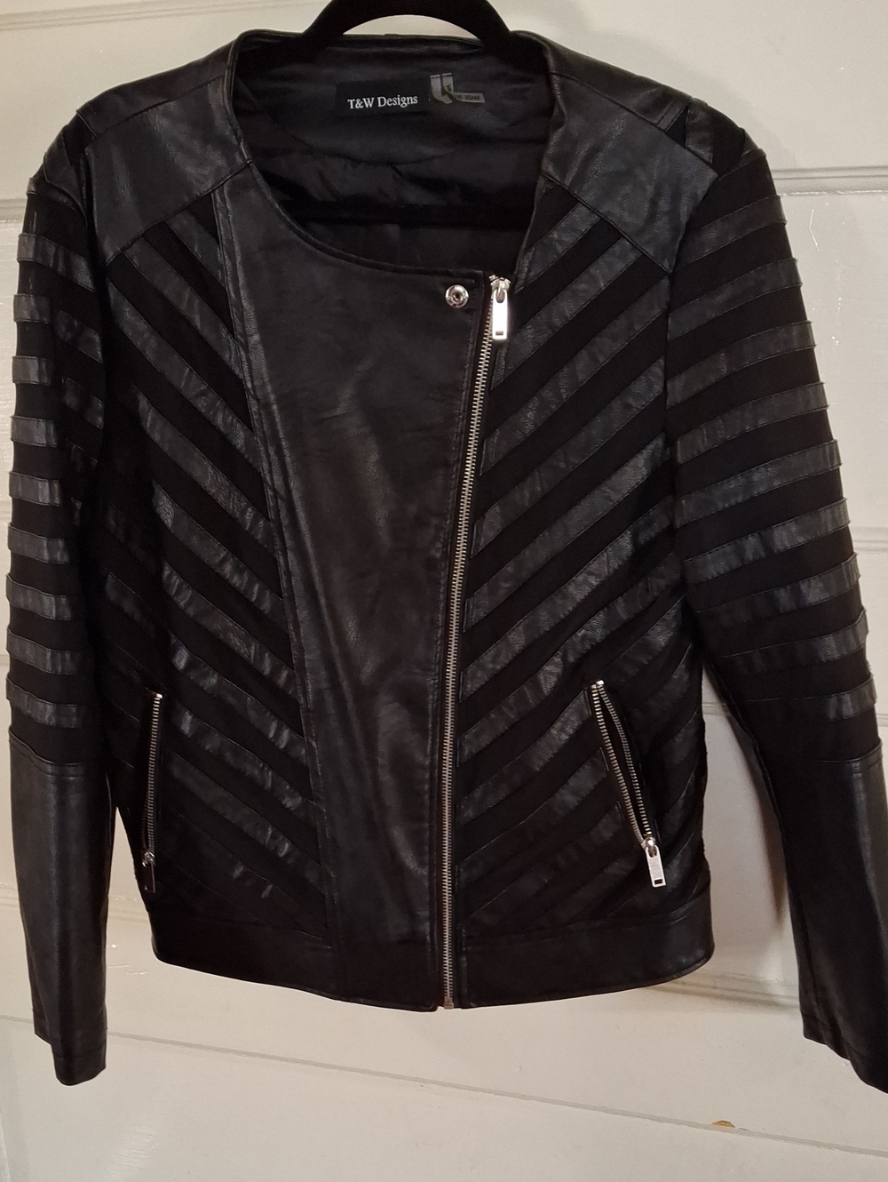 T&J Designs Black Striped Faux Leather Moto Jacket